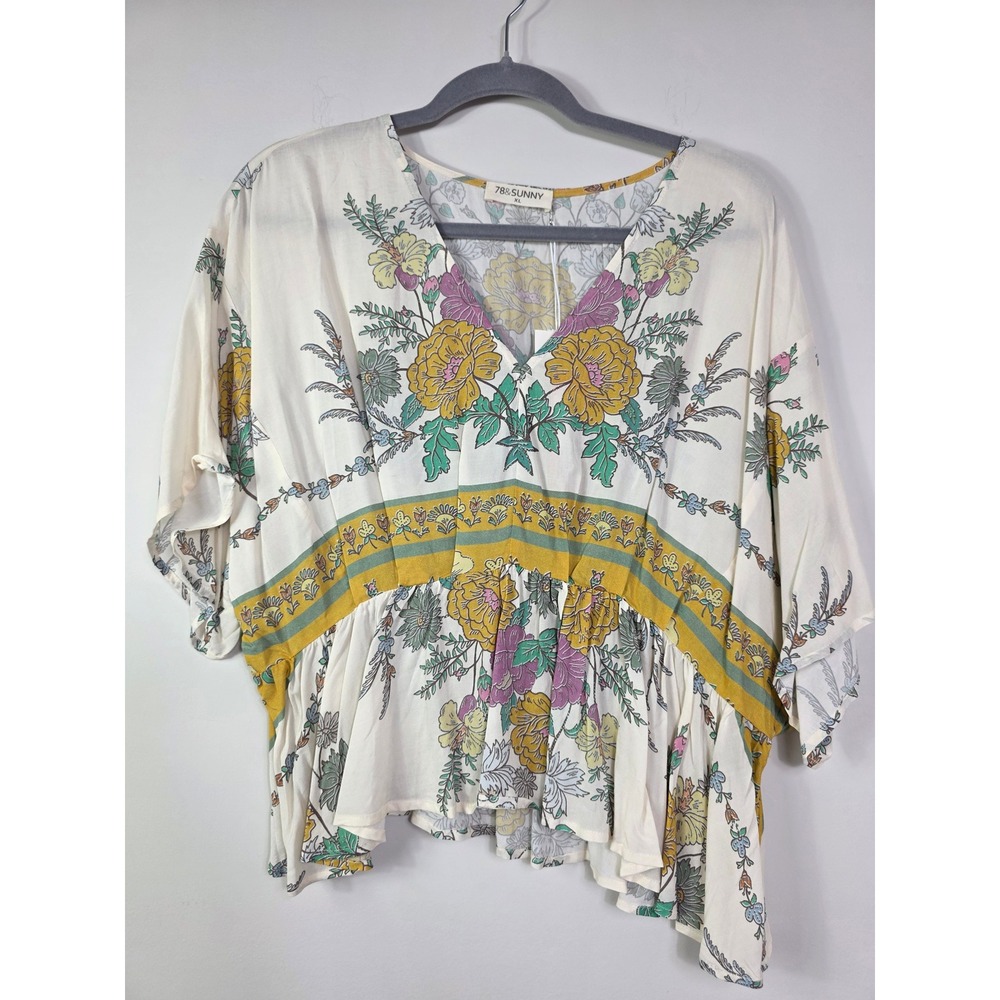 78 & Sunny Floral V-Neck Blouse XL NWT Cream Yellow Boho Kimono Peplum Top SEAS